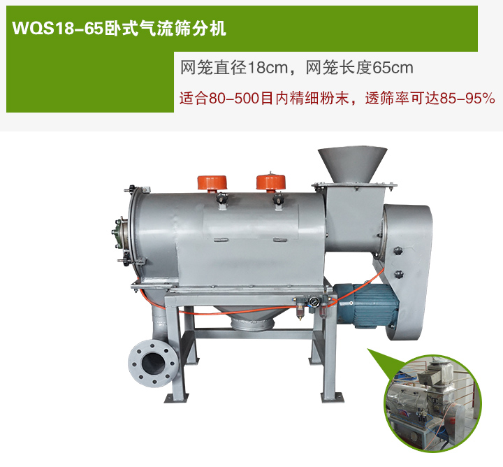 WQS18-65臥式氣流篩分機(jī)網(wǎng)籠直徑為18cm，網(wǎng)籠長(zhǎng)度為65cm